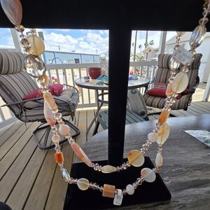 Elegant Multi-Color Clear Crystal + Agate Beaded Necklace Total Length 54" New+T